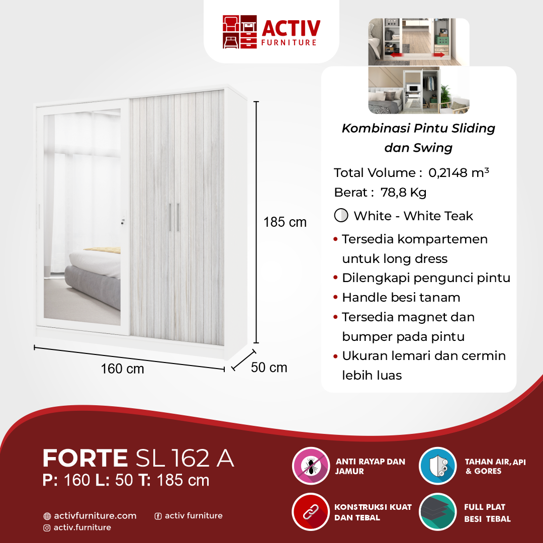 5. Forte SL 162 A_White – White Teak_Lemari Pakaian_Lemari Besi_Lemari Sliding_Lemari Swing_Ruang Kamar_Konten USP Rev 2_Activ Furniture
