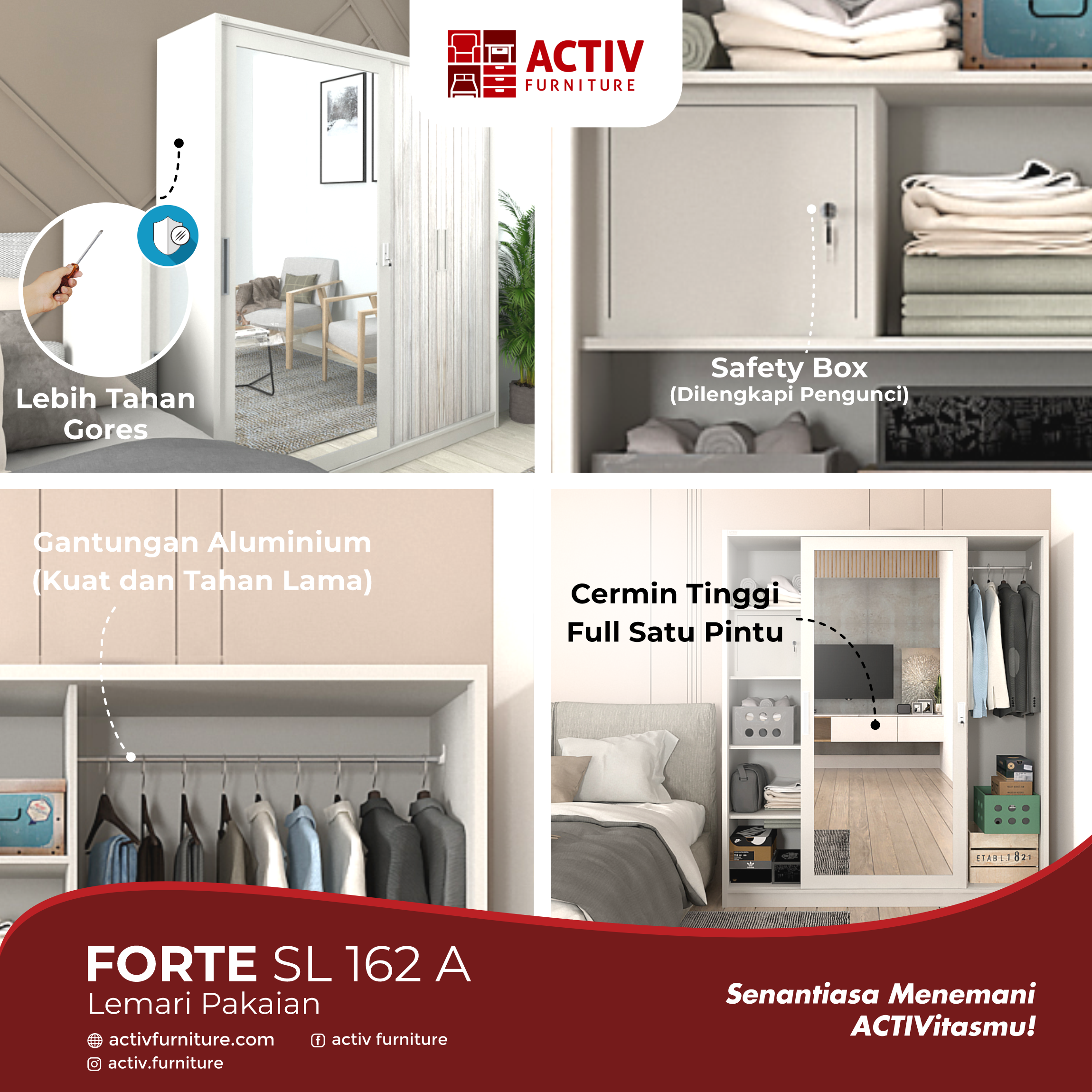 6. Forte SL 162 A_White – White Teak_Lemari Pakaian_Lemari Besi_Lemari Sliding_Lemari Swing_Ruang Kamar_Copywriting_Activ Furniture