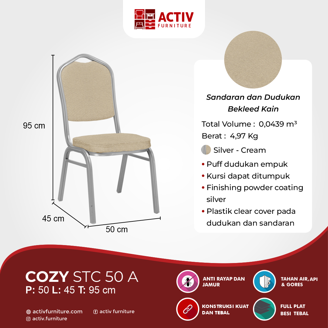 Cozy STC 50 A_Silver – Cream_Kursi Susun_Stacking Chair_Kursi_Ruang Keluarga_Detail Ukuran_Activ Furniture REV