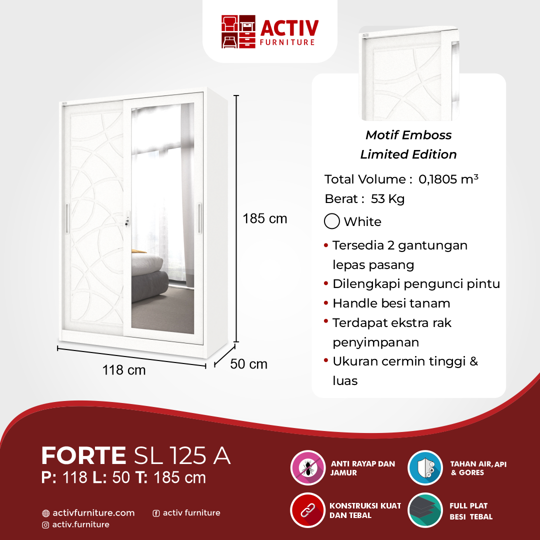 3. Forte SL 125 A_White_Lemari Pakaian_Lemari Besi_Lemari Sliding_Ruang Kamar_Cover_Activ Furniture