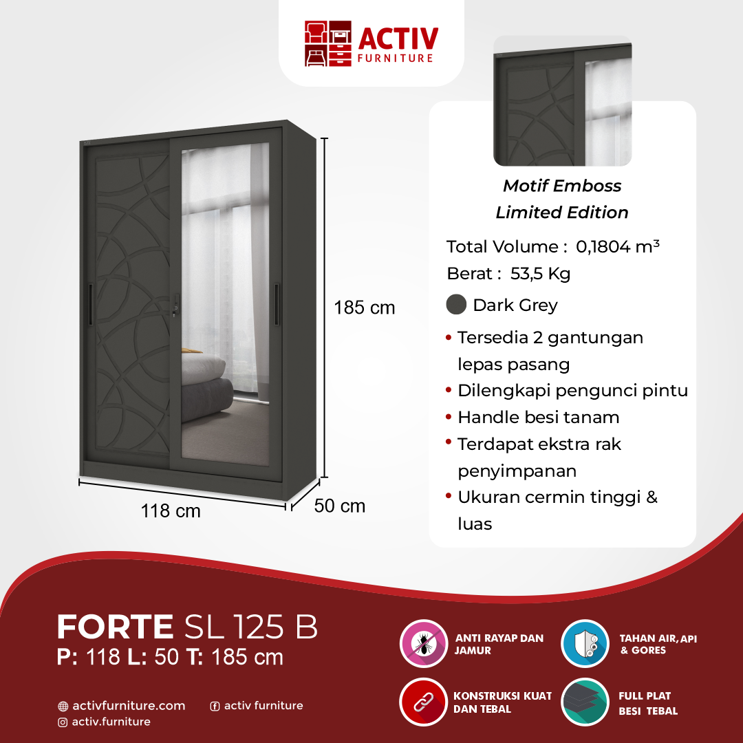 3. Forte SL 125 B_Dark Grey_Lemari Pakaian_Lemari Besi_Lemari Sliding_Ruang Kamar_Cover_Activ Furniture