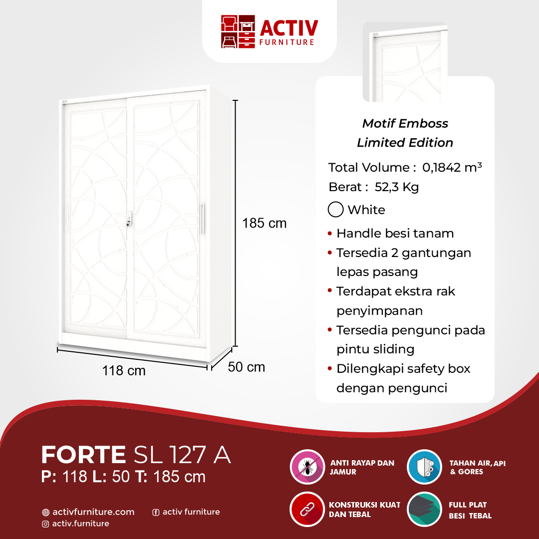 3. Forte SL 127 A_White_Lemari Pakaian_Lemari Besi_Lemari Sliding_Ruang Kamar_Cover_Activ Furniture