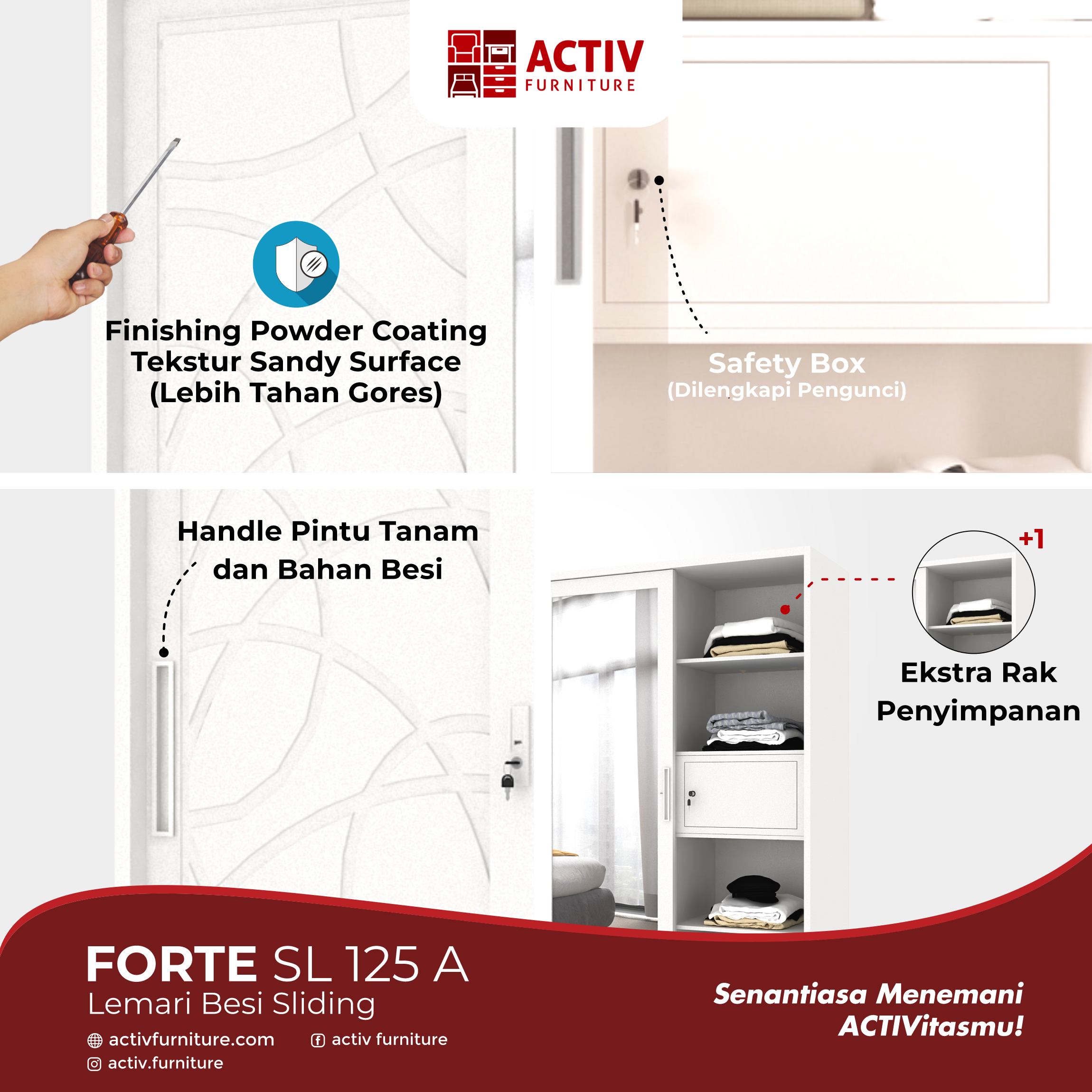 4. Forte SL 125 A_White_Lemari Pakaian_Lemari Besi_Lemari Sliding_Ruang Kamar_Cover_Activ Furniture