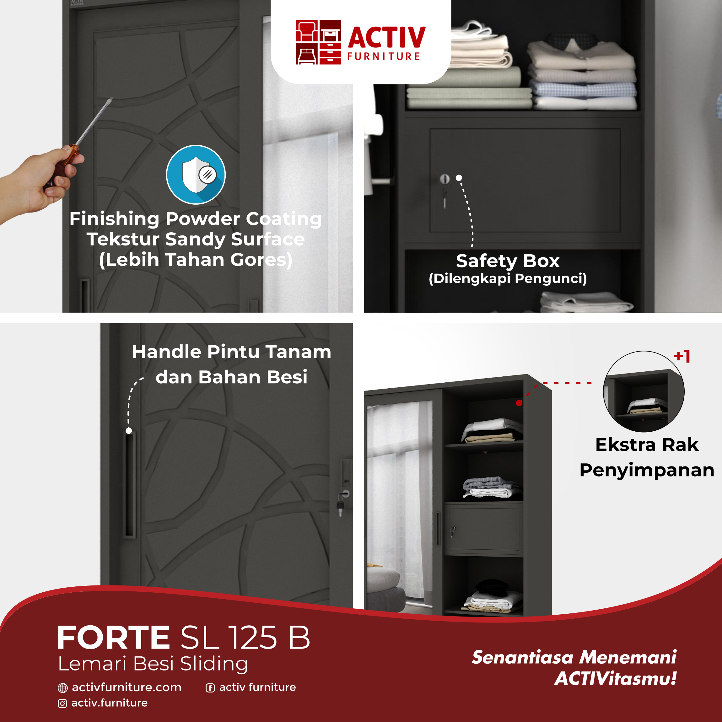 4. Forte SL 125 B_Dark Grey_Lemari Pakaian_Lemari Besi_Lemari Sliding_Ruang Kamar_Cover_Activ Furniture