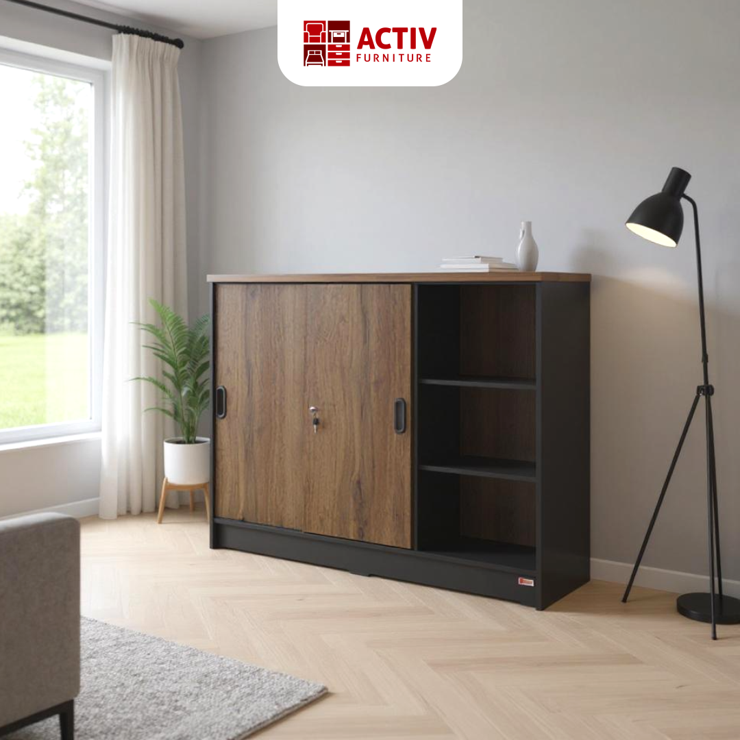 Galant Sl 120 Black – Pacific Oak_Cover_Sideboard_Sliding Laci_Rak Kantor