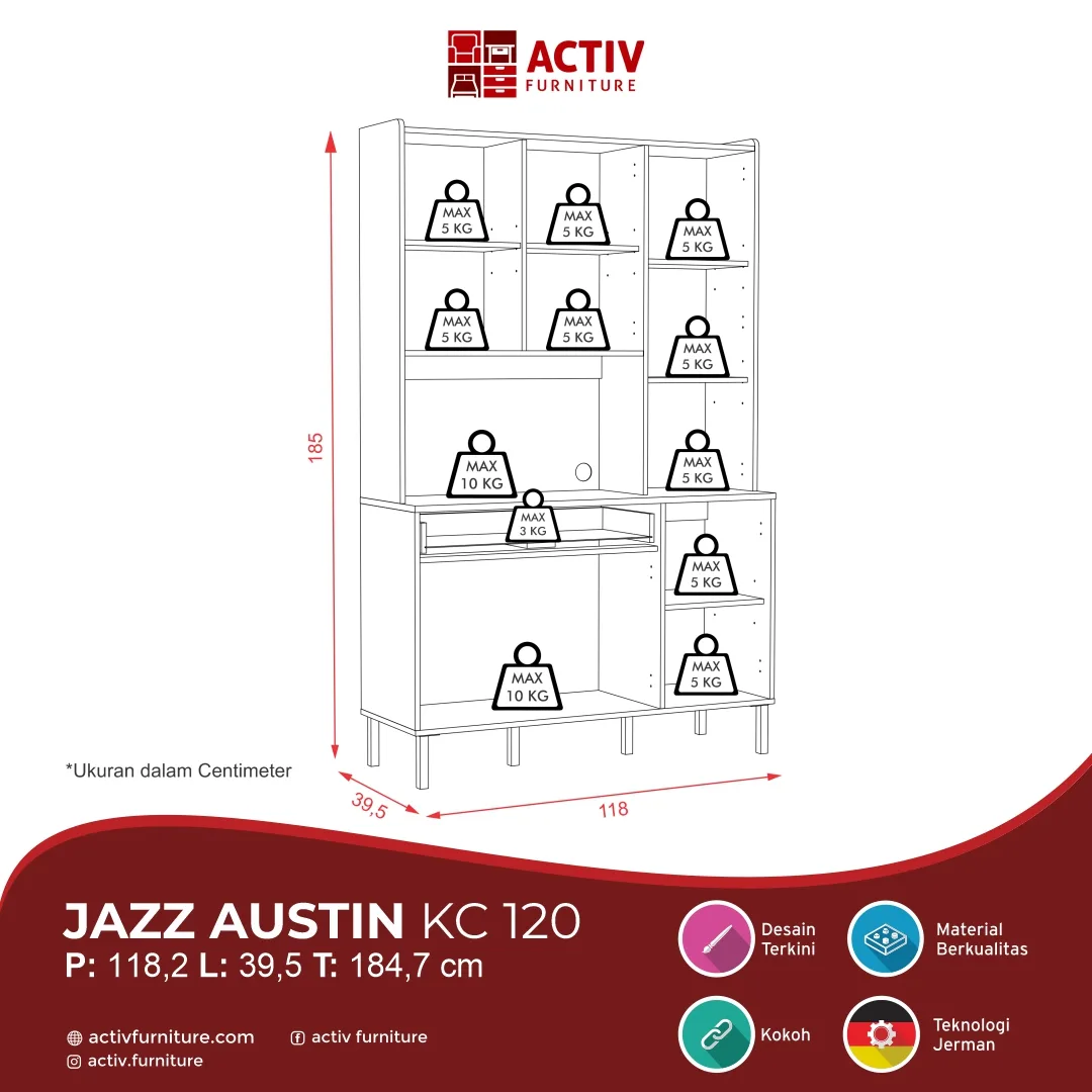 Jazz Austin KC 120_Canyon Oak White_Line Drawing Produk Website_Lemari Pakaian