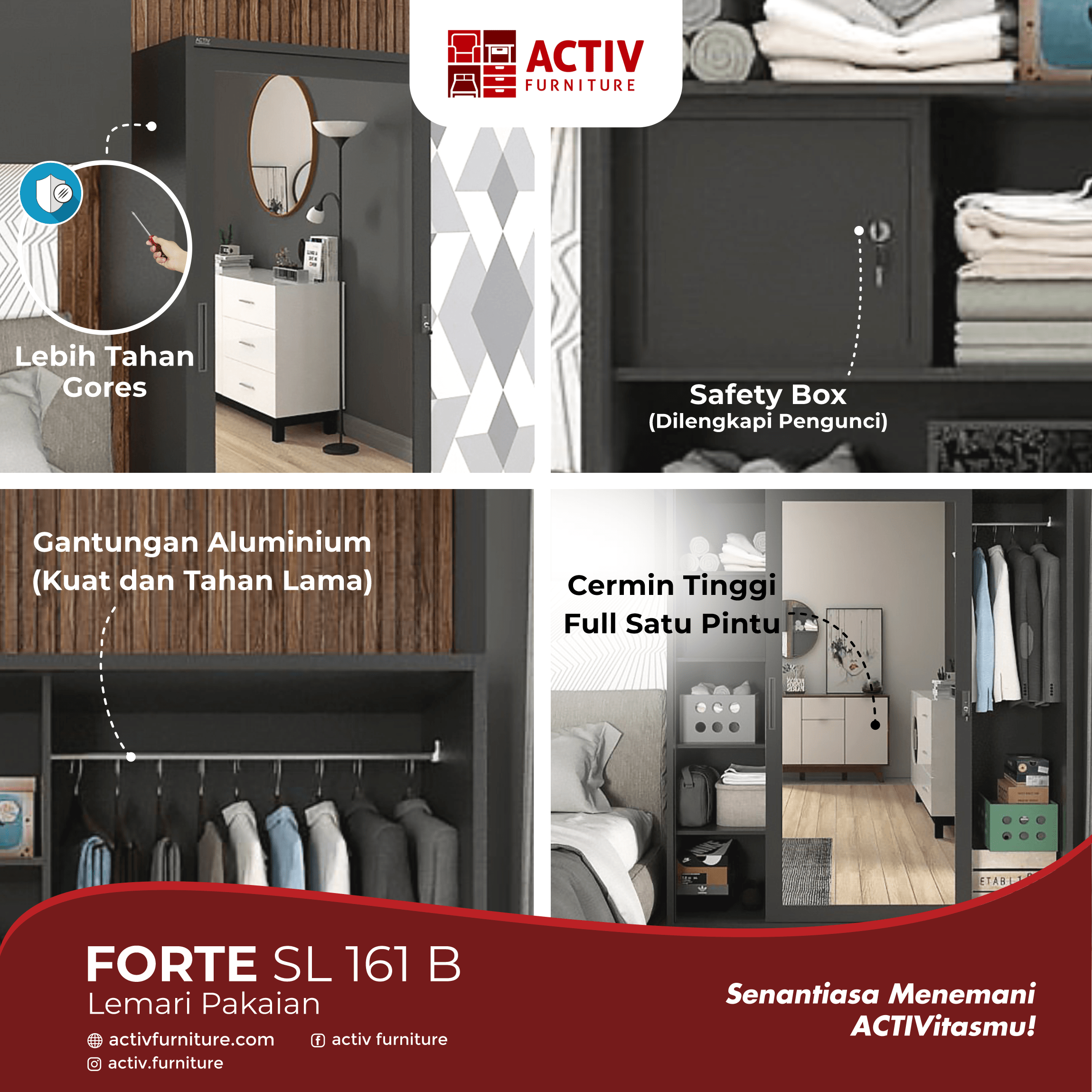 5. Forte SL 161 B_Black – Grey Tile_Lemari Pakaian_Lemari Besi_Ruang Kamar_Copywriting_Activ Furniture