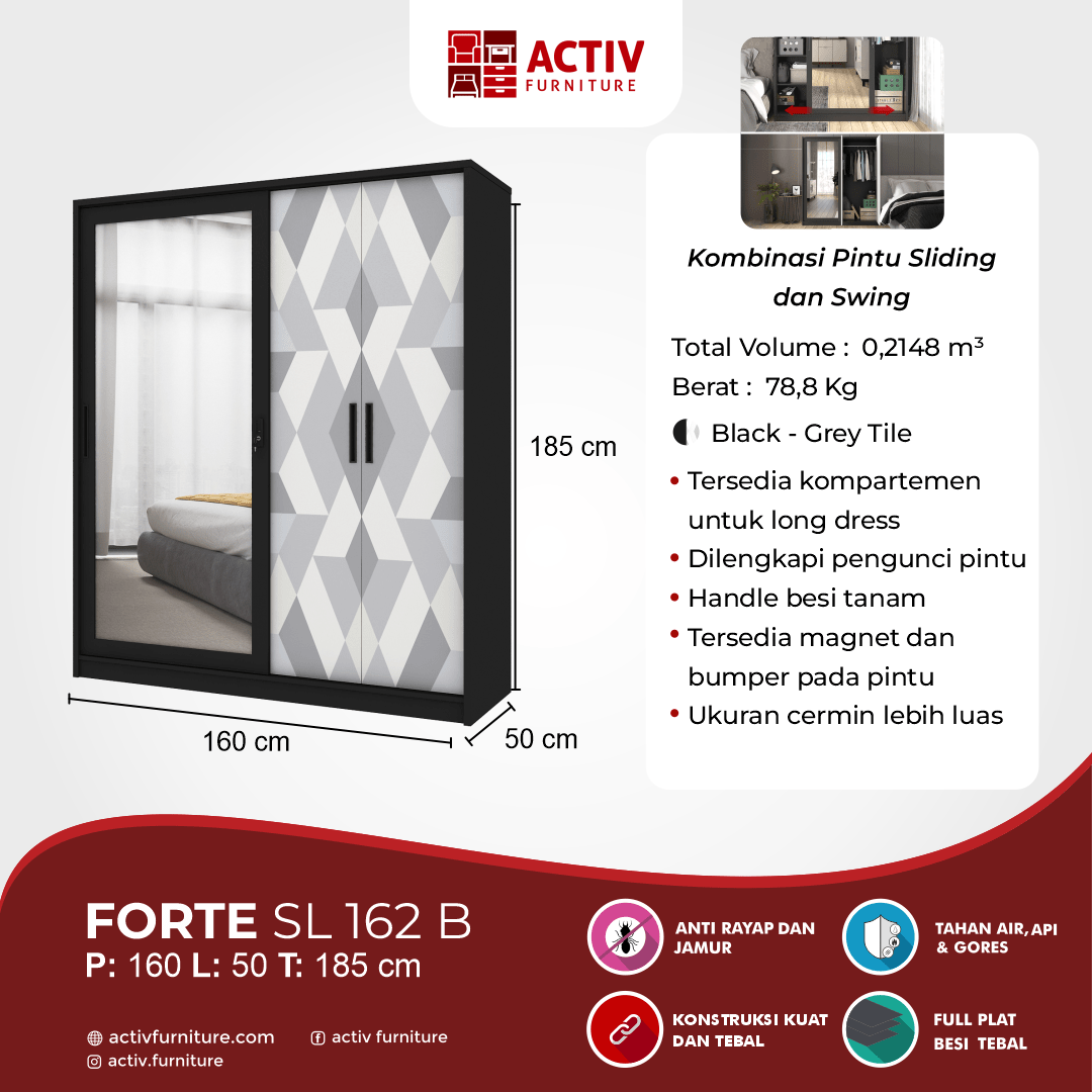 5. Forte SL 162 B_Black – Grey Tile_Lemari Pakaian_Lemari Besi_Ruang Kamar_Konten USP Rev 2_Activ Furniture