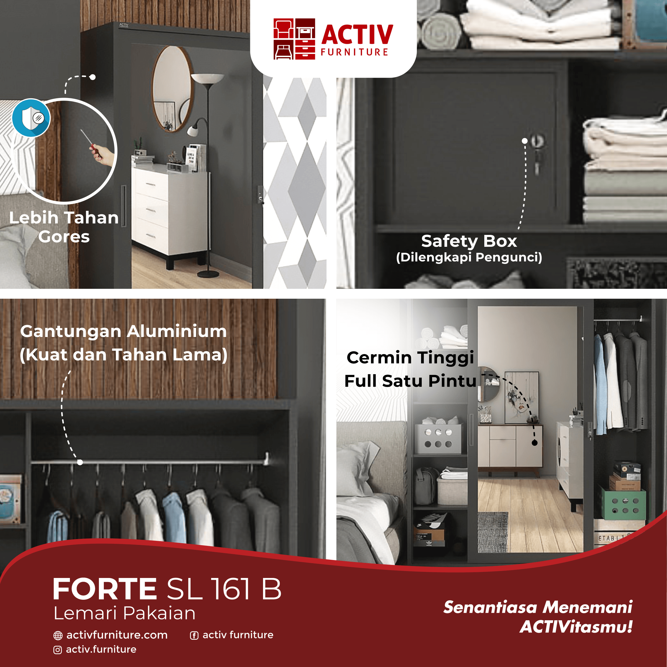 6. Forte SL 162 B_Black – Grey Tile_Lemari Pakaian_Lemari Besi_Ruang Kamar_Copywriting_Activ Furniture