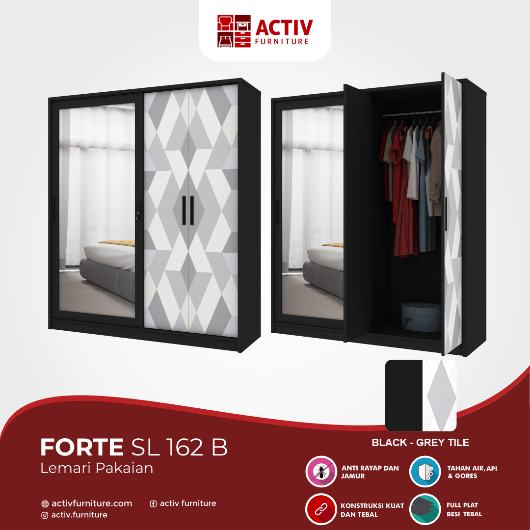 7. Forte SL 162 B_Black – Grey Tile_Lemari Pakaian_Lemari Besi_Ruang Kamar_Detail Warna_Activ Furniture