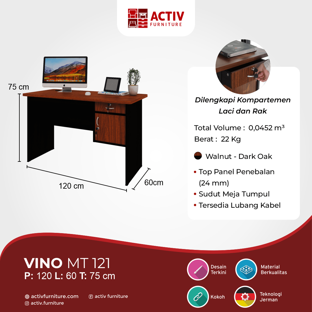 Activ Furniture_Meja Kerja_Meja Kantor_USP_Lula MT 121_Walnut_Dark Oak
