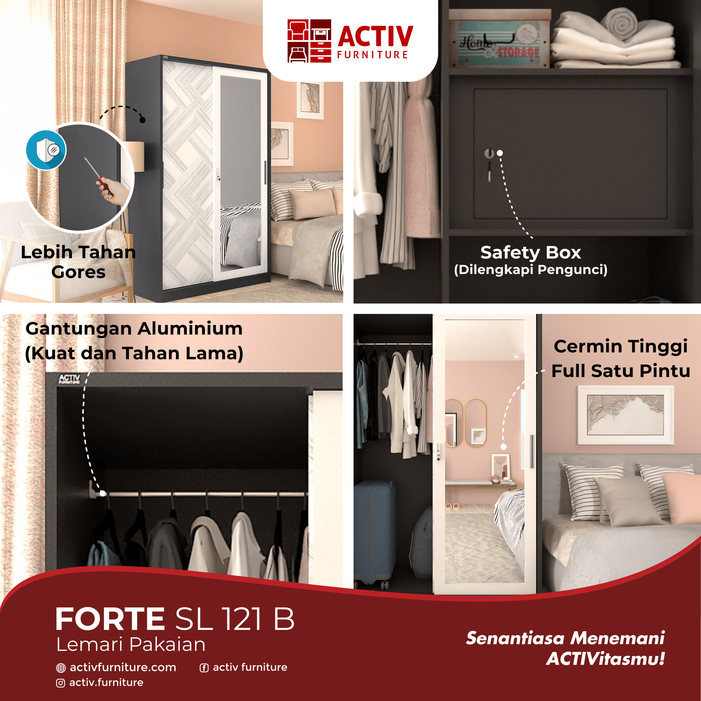 Forte SL 121 B_Dark Grey – White Line_Lemari Pakaian_Lemari Besi_Ruang Kamar_Copywriting 2_Activ Furniture