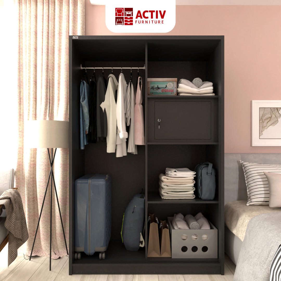 Forte SL 121 B_Dark Grey – White Line_Lemari Pakaian_Lemari Besi_Ruang Kamar_Cover Open_Activ Furniture