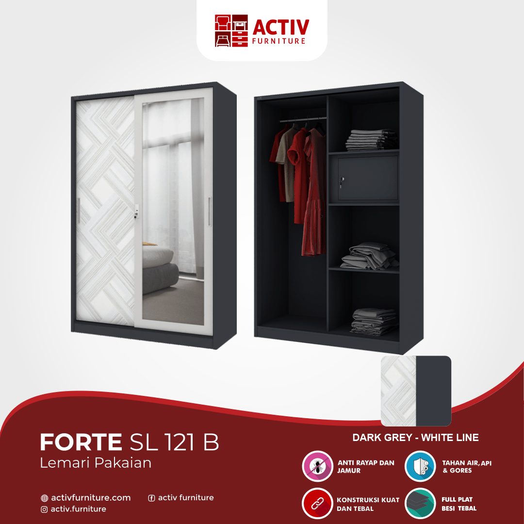 Forte SL 121 B_Dark Grey – White Line_Lemari Pakaian_Lemari Besi_Ruang Kamar_Detail Warna_Activ Furniture