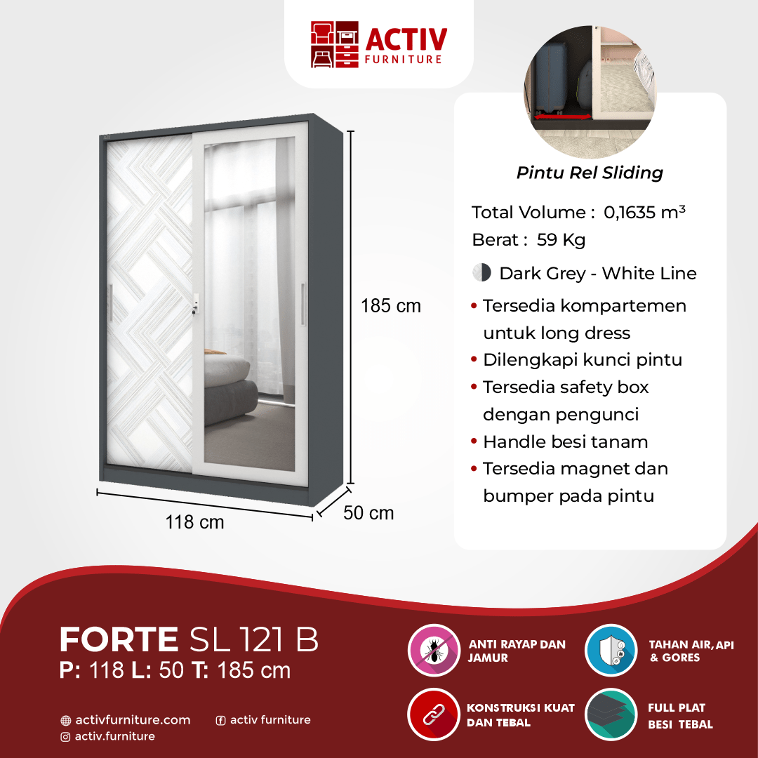 Forte SL 121 B_Dark Grey – White Line_Lemari Pakaian_Lemari Besi_Ruang Kamar_Konten USP 2_Activ Furniture