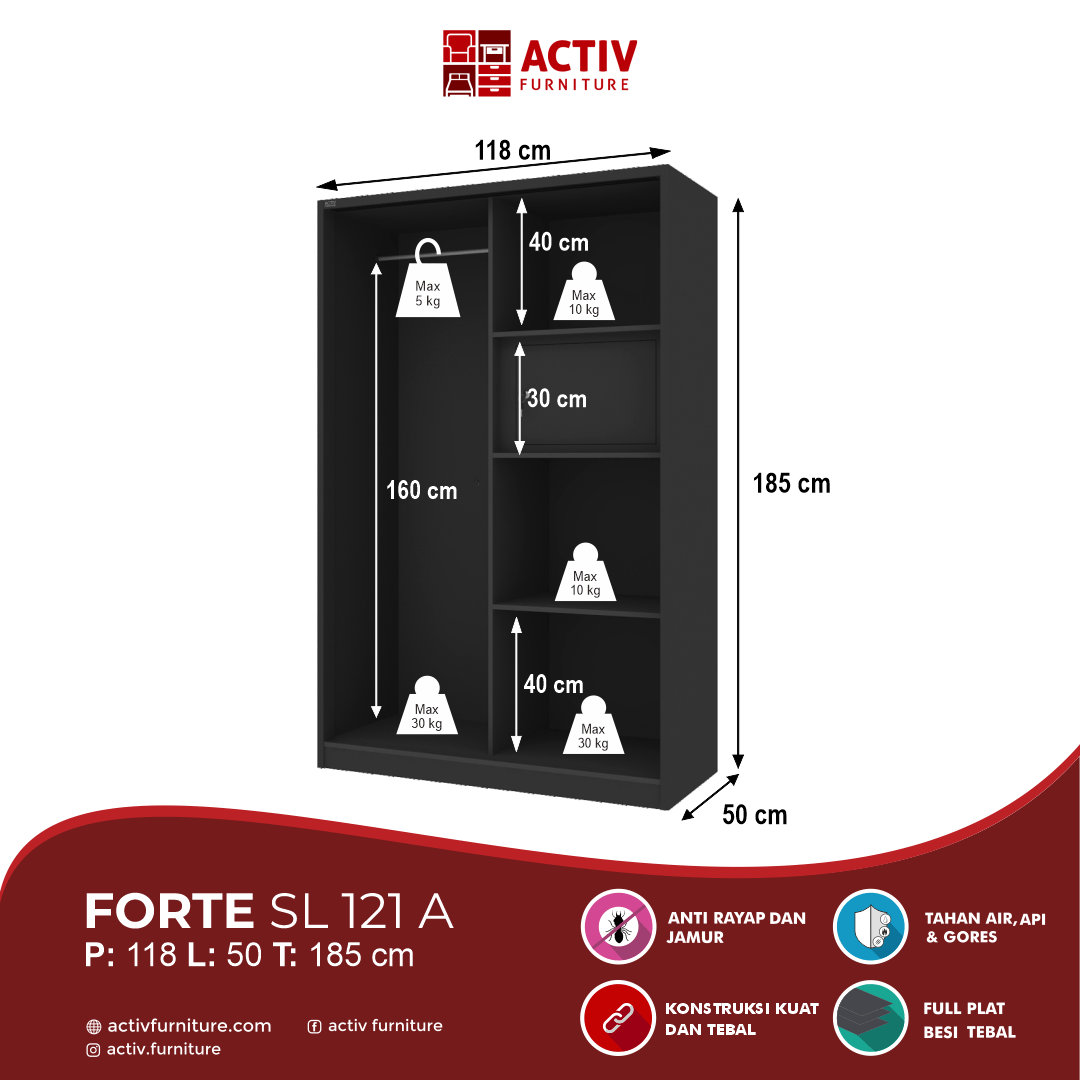 Forte SL 121 D_Black – Color Line_Lemari Pakaian_Lemari Besi_Ruang Kamar_Outline_Activ Furniture