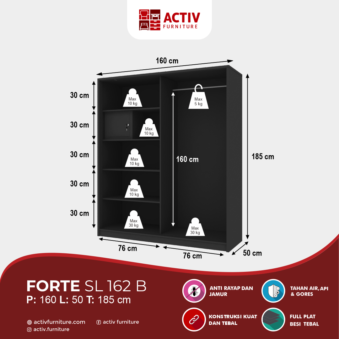 Forte SL 162 B_Black – Grey Tile_Lemari Pakaian_Lemari Besi_Ruang Kamar_Outline_Activ Furniture