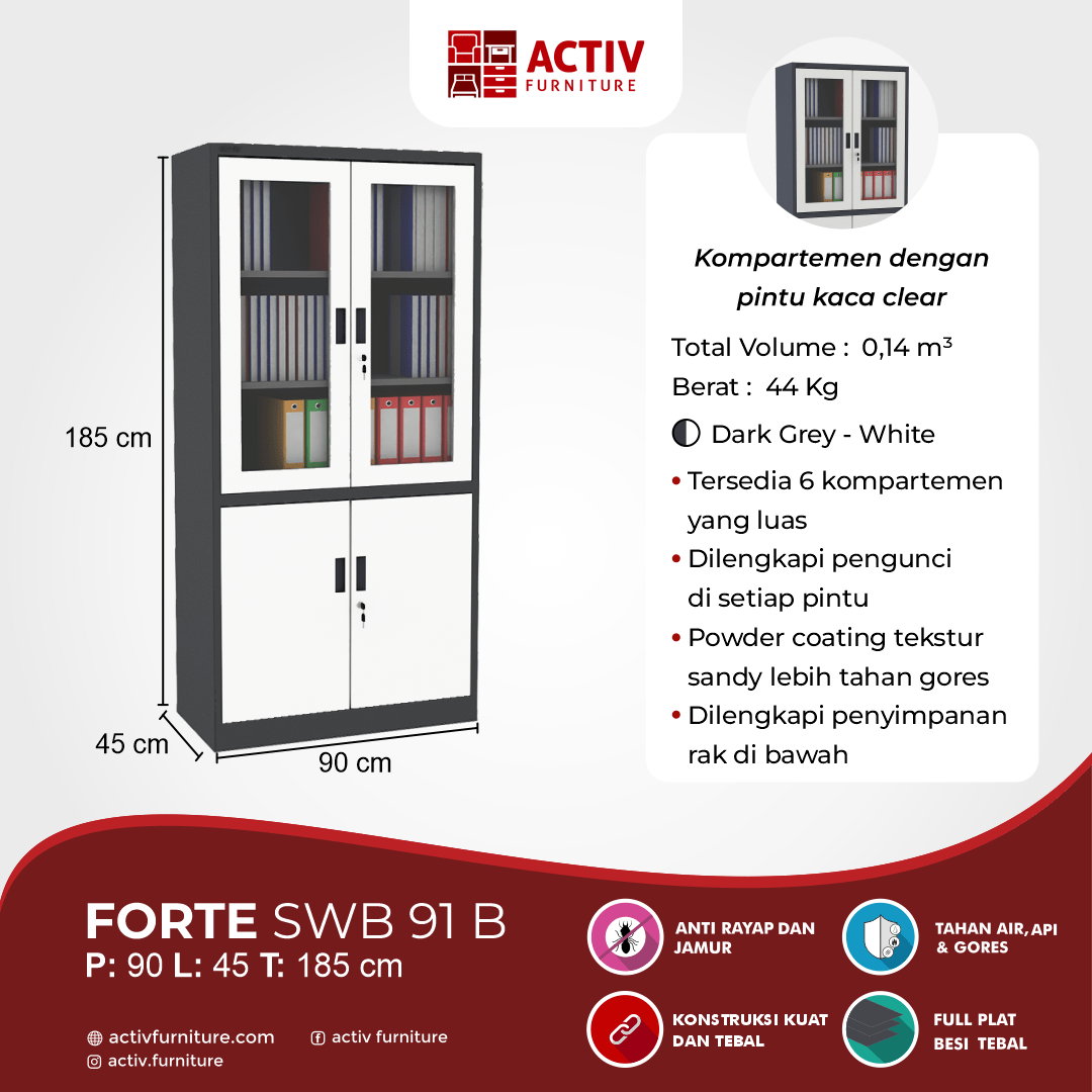 Forte SWB 91 B_Dark Grey – White_Lemari Buku_Book Case_Ruang Kantor_Ruang Kerja_Konten USp_Activ Furniture
