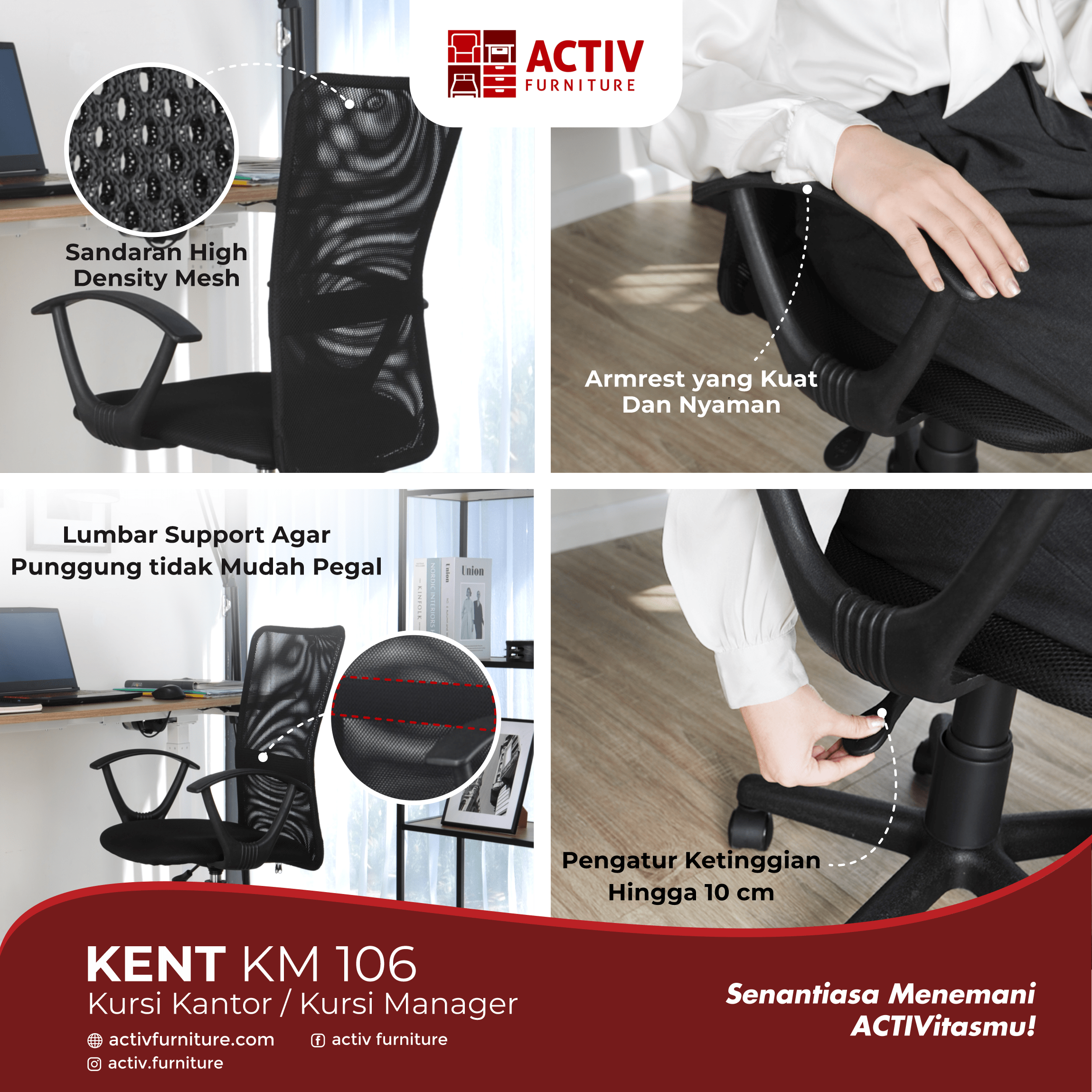 Kent KM 106_Black – Mesh_Kursi Kantor_Kursi Kerja_Kursi Manager_Copywriting_Activ Furniture