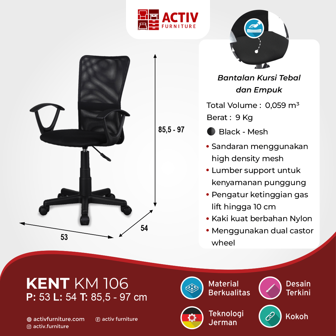 Kent KM 106_Black – Mesh_Kursi Kantor_Kursi Kerja_Kursi Manager_Konten USP_Activ Furniture