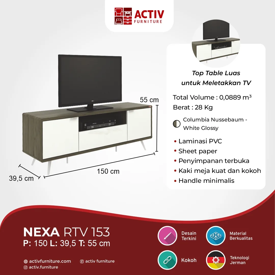 Nexa RTV 153_Columbia Nussebaum – White Glossy_Rak TV_Lemari TV_Activ Furniture