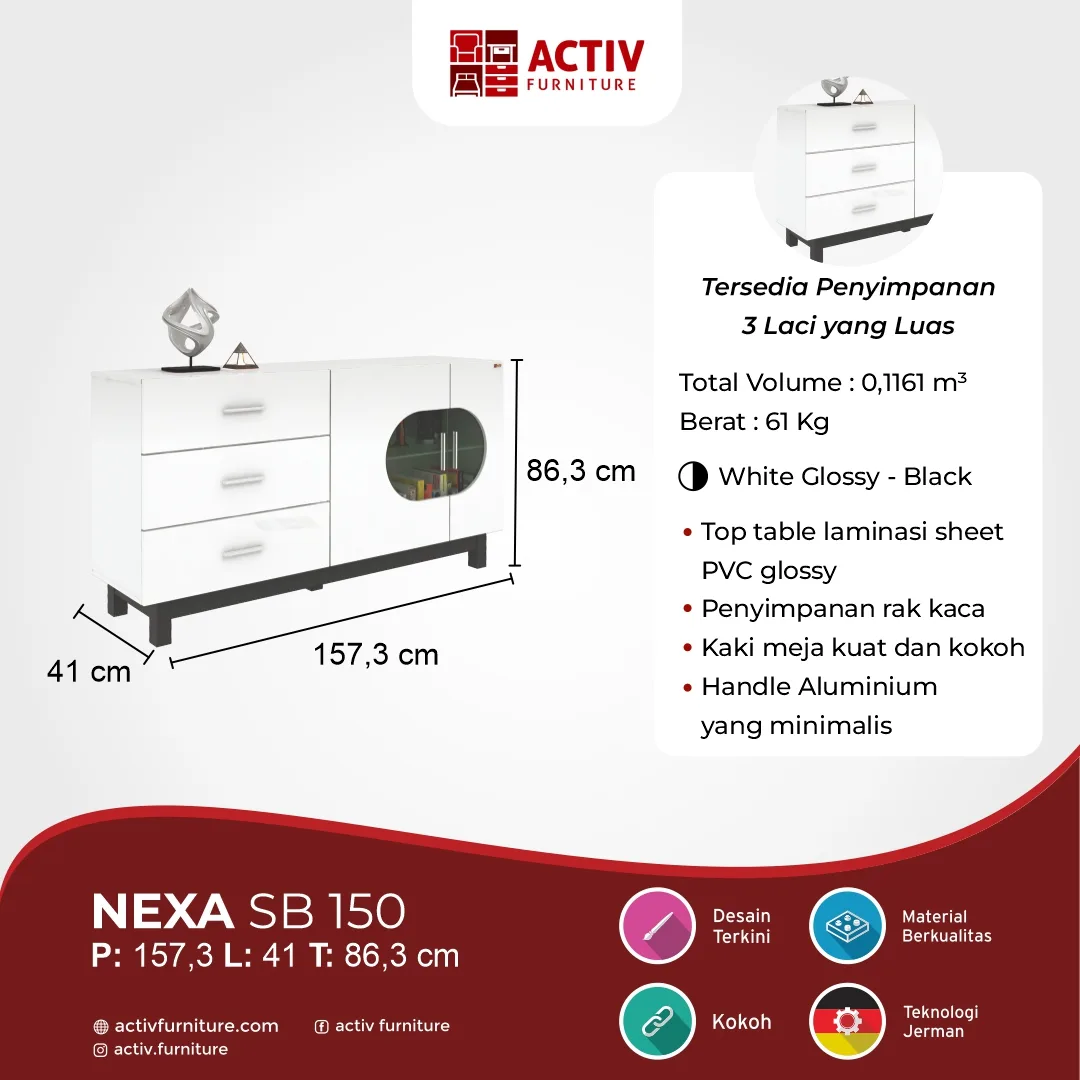 Nexa SB 150_White Glossy – Black_Sideboard_Rak Sudut_Buffet_Kabinet TV_Ruang Tamu_Activ Furniture