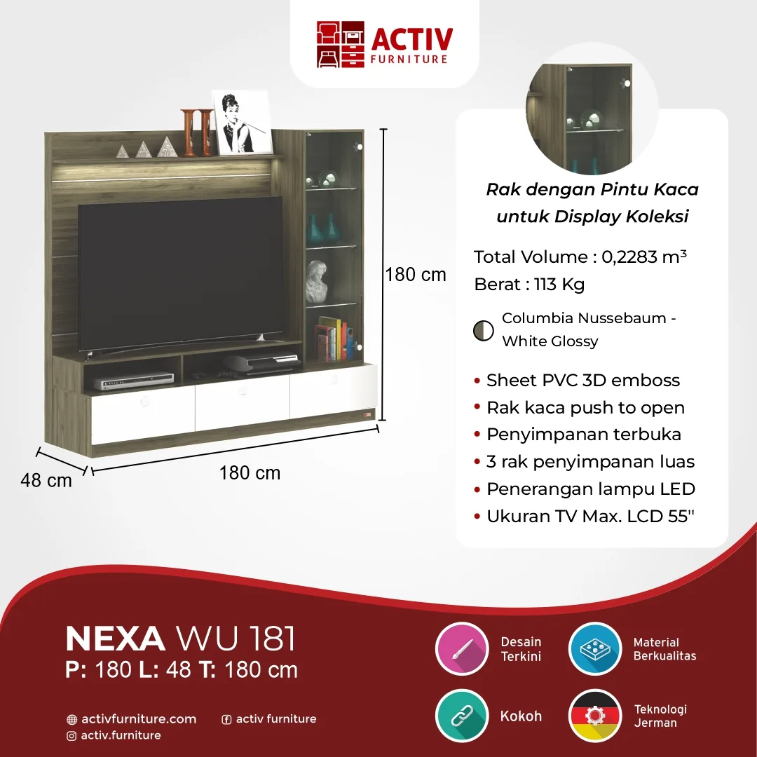 Nexa WU 181_Columbia Nussebaum – White Glossy_Rak TV_Lemari TV_Buffet_Kabinet TV_Ruang Tamu_Activ Furniture