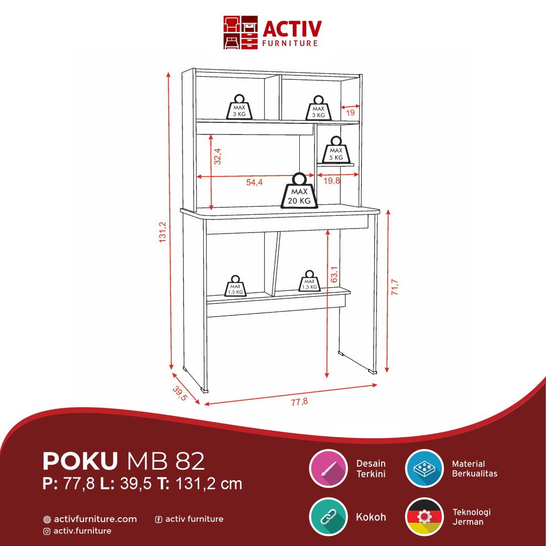 Poku MB 82_White Maple – Turquoise_Meja Belajar Anak_Ruang Kamar_Ruang Anak_Outline_Activ Furniture