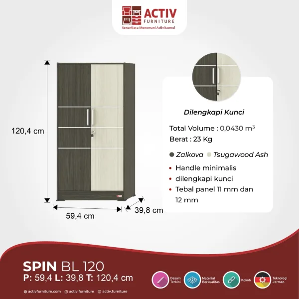 Lemari Pakaian / Baby Locker – Spin BL 120 (Zalkova – Tsugawood Ash) – Activ Furniture