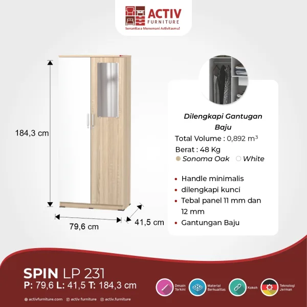 Lemari Pakaian – Spin LP 231 (Sonoma Oak – White) – Activ Furniture