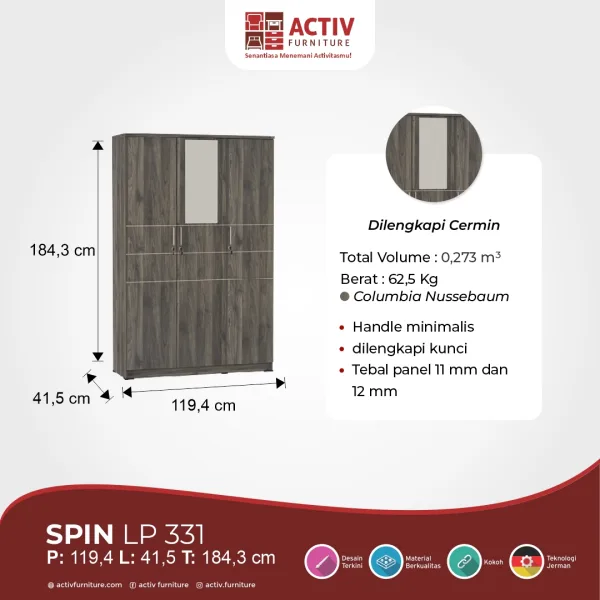 Lemari Pakaian 3 Pintu – Spin LP 331 (Columbia Nussebaum) – Activ Furniture