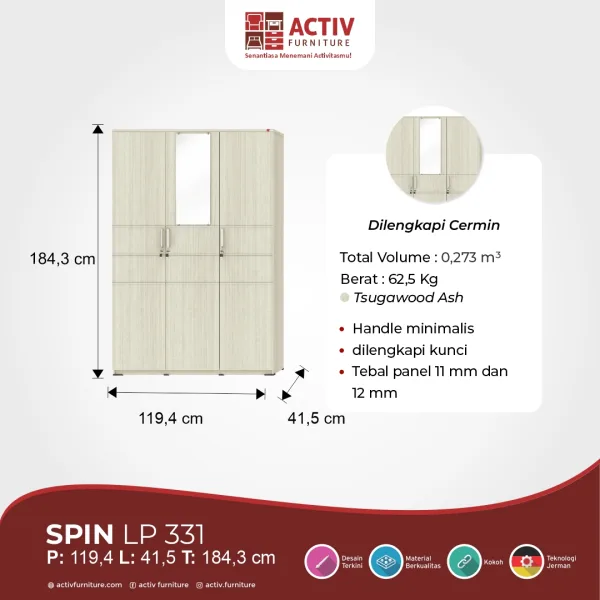 Lemari Pakaian 3 Pintu – Spin LP 331 (Tsugawood Ash) – Activ Furniture