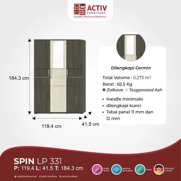 Lemari Pakaian 3 Pintu – Spin LP 331 (Zalkova – Tsugawood Ash) – Activ Furniture