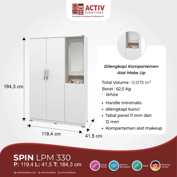 Lemari Pakaian 3 Pintu – Spin LPM 330 – Activ Furniture