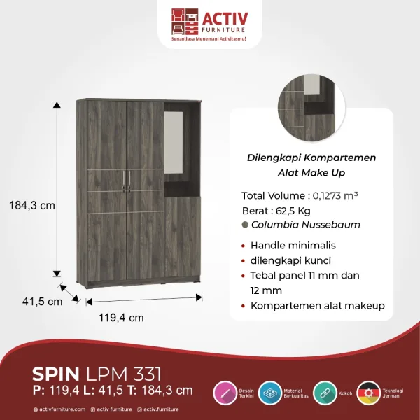 Lemari Pakaian 3 Pintu – Spin LPM 331 (Columbia Nussebaum) – Activ Furniture