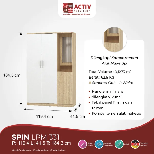 Lemari Pakaian 3 Pintu – Spin LPM 331 (Sonoma Oak – White) – Activ Furniture