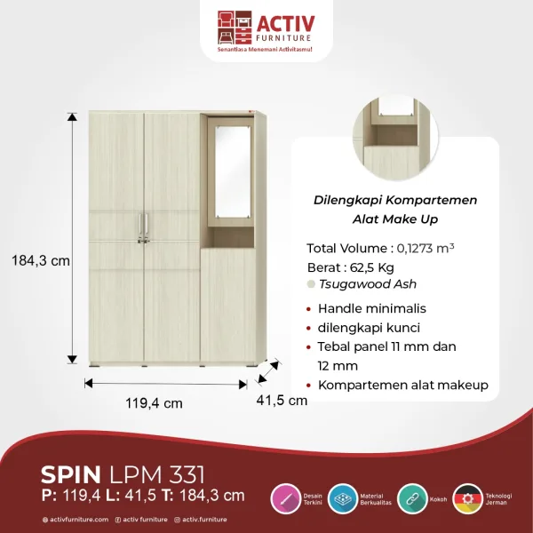 Lemari Pakaian 3 Pintu – Spin LPM 331 (Tsugawood Ash) – Activ Furniture
