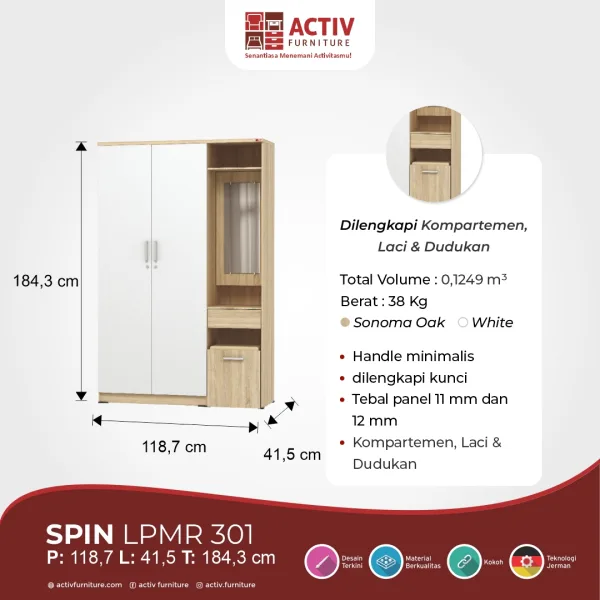 Lemari Pakaian 3 Pintu – Spin LPMR 301 (Sonoma Oak – White) – Activ Furniture