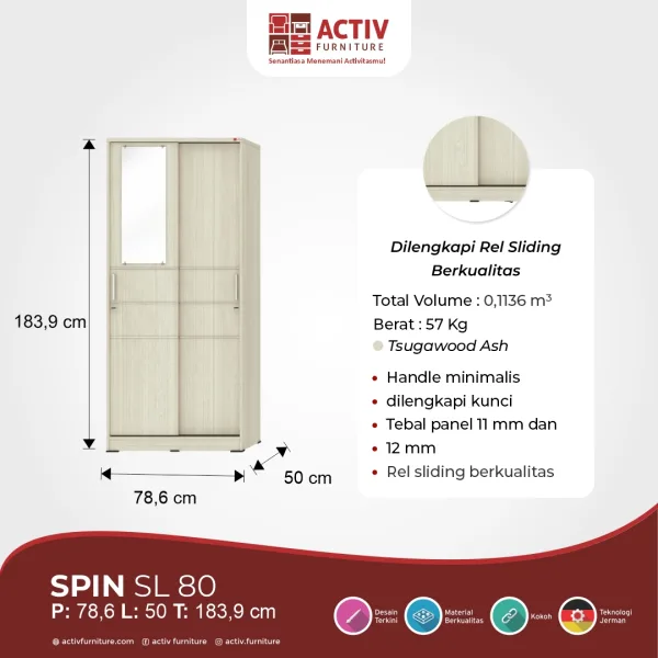 Lemari Pakaian Sliding – Spin SL 80 (Tsugawood Ash) – Activ Furniture